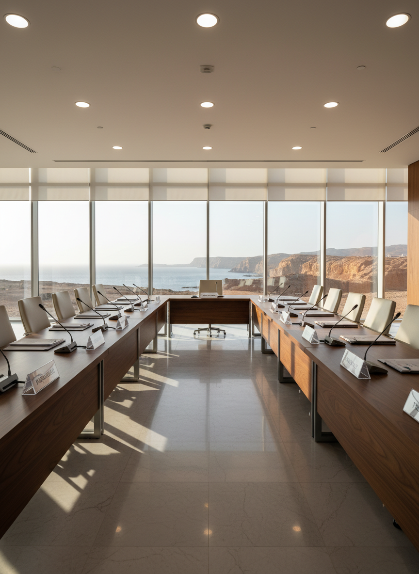 A modern prime-ministerial cabinet chamber of Weedican Government, shown without people, featuring a long, sleek walnut conference table with integrated microphones, minimalist nameplates, and neatly aligned documents in both Turkish and English. The room is framed by floor-to-ceiling windows revealing a distant, arid coastal landscape reminiscent of the Hala'ib Triangle. Soft afternoon sunlight filters through sheer blinds, casting elongated, orderly shadows across the polished floor. Overhead recessed lighting adds a neutral white glow, ensuring clean, even illumination. Captured with photographic realism from a slightly elevated wide-angle perspective, using a balanced composition that emphasizes order, transparency, and an efficient liberal-democratic administration.
