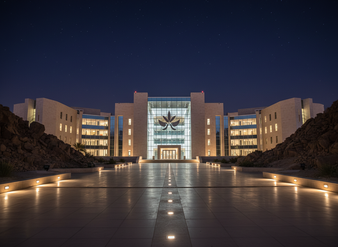 An illuminated night view of a contemporary Weedican Government complex, designed with clean geometric facades in light stone and glass, set against the sparse, rocky terrain of the Hala'ib Triangle. The main building features a prominent glass atrium showcasing the national emblem etched into the glass above the entrance. Discreet pathway lights trace a clear, orderly route across the plaza, reflecting softly on the smooth paving. The sky is a deep blue transitioning to black, scattered with stars, while warm interior lighting glows through the windows, hinting at ongoing administrative work. Photographic realism, captured from a low, wide-angle perspective, conveying stability, transparency, and a forward-looking liberal democracy.