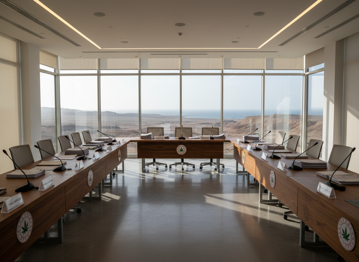 A modern prime-ministerial cabinet chamber of Weedican Government, shown without people, featuring a long, sleek walnut conference table with integrated microphones, minimalist nameplates, and neatly aligned documents in both Turkish and English. The room is framed by floor-to-ceiling windows revealing a distant, arid coastal landscape reminiscent of the Hala'ib Triangle. Soft afternoon sunlight filters through sheer blinds, casting elongated, orderly shadows across the polished floor. Overhead recessed lighting adds a neutral white glow, ensuring clean, even illumination. Captured with photographic realism from a slightly elevated wide-angle perspective, using a balanced composition that emphasizes order, transparency, and an efficient liberal-democratic administration.