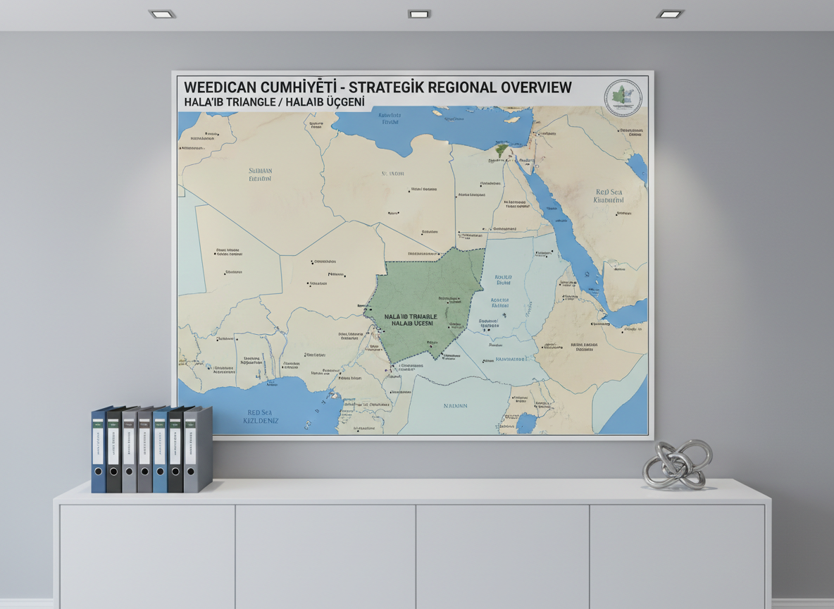 A detailed, large-format geopolitical map centered on the Hala'ib Triangle, mounted on a clean, light-gray wall in a Weedican Government planning office. The map uses muted yet distinct colors to outline borders, coastal lines, and administrative regions of the liberal democratic country, with clear typography in both Turkish and English. Beneath the map, a minimalist white cabinet holds neatly stacked policy folders and a small, abstract sculpture symbolizing cooperation. Cool, even overhead lighting ensures every label is legible, with minimal reflections on the map’s semi-matte surface. Photographic realism, shot straight-on with sharp focus throughout, creating a precise, analytical, and professional mood suitable for policy and geography-related pages.