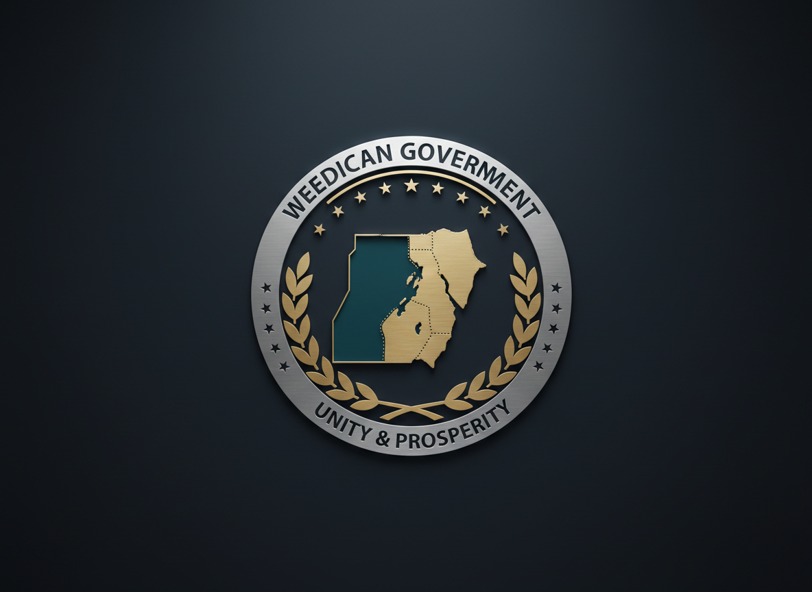 A dignified government emblem of Weedican Government, featuring a stylized coastal map of the Hala'ib Triangle in deep teal and sand tones, encircled by laurel branches and a subtle star motif, embossed on a matte dark-navy backdrop. The emblem appears as raised metallic in brushed silver and muted gold, with crisp edges and precise detailing. Soft, diffused studio lighting from above creates gentle highlights on the metallic surfaces and a faint vignette around the frame. Photographic realism, shot straight-on at eye level with a centered composition and shallow depth of field, conveying stability, professionalism, and modern liberal-democratic identity suitable for an official government homepage hero image.