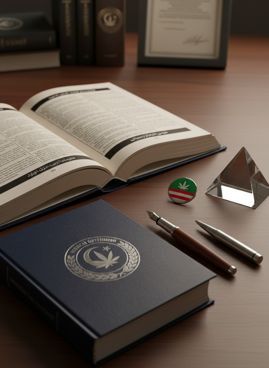 An official Weedican Government constitution book resting open on a refined desk, its thick cream-colored pages displaying bilingual text in Turkish and English alongside carefully designed section headings. The book has a deep navy hardcover embossed with the national emblem in subtle silver foil. It lies on a rich, matte wood surface beside a neatly arranged fountain pen, a small flag pin, and a simple geometric paperweight shaped like the Hala'ib Triangle. Warm, directional desk-lamp lighting creates focused illumination on the text, with soft falloff into gentle background blur. Photographic realism, close-up shot with shallow depth of field, producing a calm, serious, and trustworthy atmosphere that underscores rule of law and liberal democratic values.